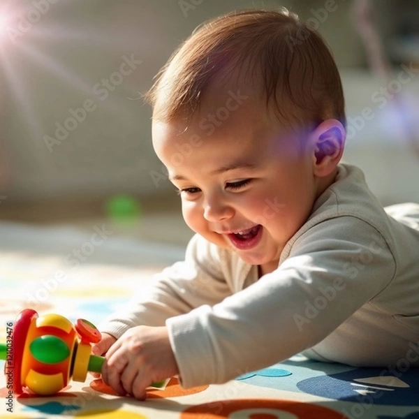 Obraz Close-up of a six-month-old baby, smiling and reaching for a rattle on a colorful playmat. Bright lens flares create a dynamic atmosphere. Clean background