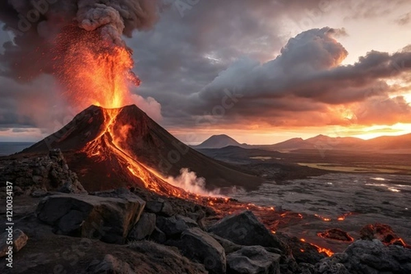 Fototapeta Volcanic lava flow, glowing molten rock