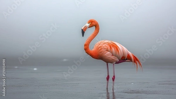 Fototapeta Flamingo standing in foggy lagoon, wildlife nature scene, poster