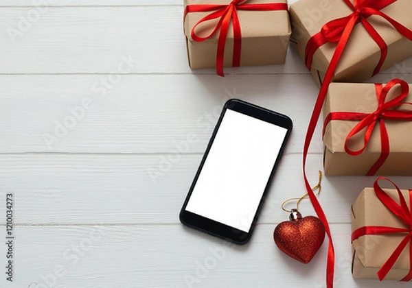 Obraz mobile phone with gift box on red background, Small and large red hearts with smiles. It can be assumed that they are a couple and the smaller heart belongs to a child. Handmade figurines. 