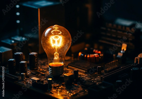 Obraz light bulb on keyboard, light bulb on the table