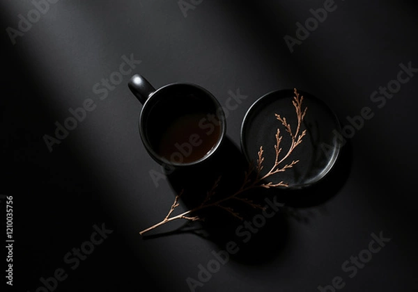 Obraz candle on black, coffee cup on a table with coffee beans, coffee and black background  