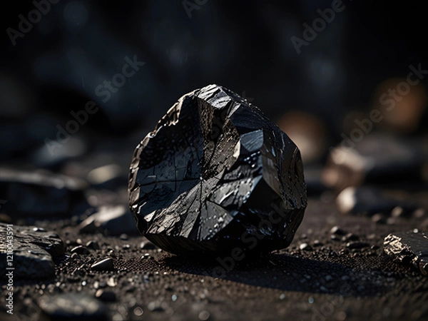 Fototapeta A symbolic close-up of a piece of coal and a shining diamond side by side on a rugged surface. The coal appears rough and cracked, while the diamond glows brilliantly, reflecting ligh