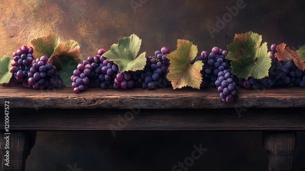 Fototapeta Purple grapes with attached leaves, arranged on a rustic table for a fresh and earthy presentation.