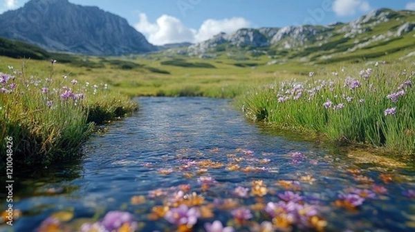 Fototapeta Tranquil Mountain Stream Flowing Through Wildflower Meadow in Summer Landscape