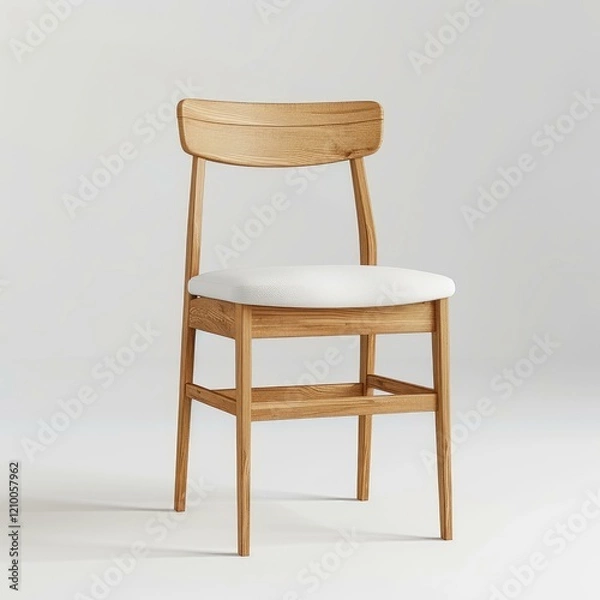Fototapeta Stylish wooden chair with white cushioned seat standing on a white background, ideal for modern interiors