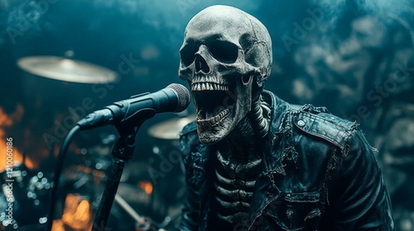 Obraz Dead man, skeleton monster, passionately sings at hellish concert