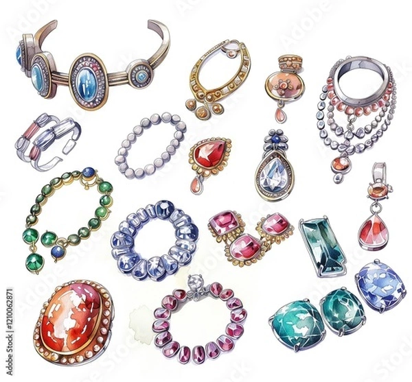 Obraz A watercolor, realistic, detailed illustration of various, differently colored jewelry, on a white background.
