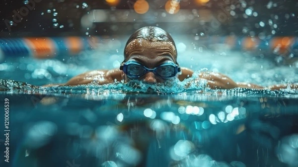 Obraz Portrait of a Male Swimmer in Goggles Swimming in the Pool