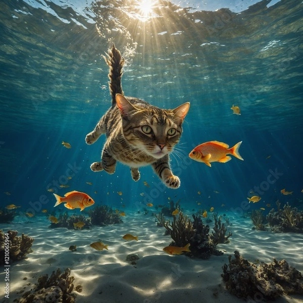Fototapeta A surreal digital art of a cat swimming gracefully underwater, with a large, colorful fish swimming above it, the sunlight filtering through the waters surface, casting beautiful patterns on the sand.