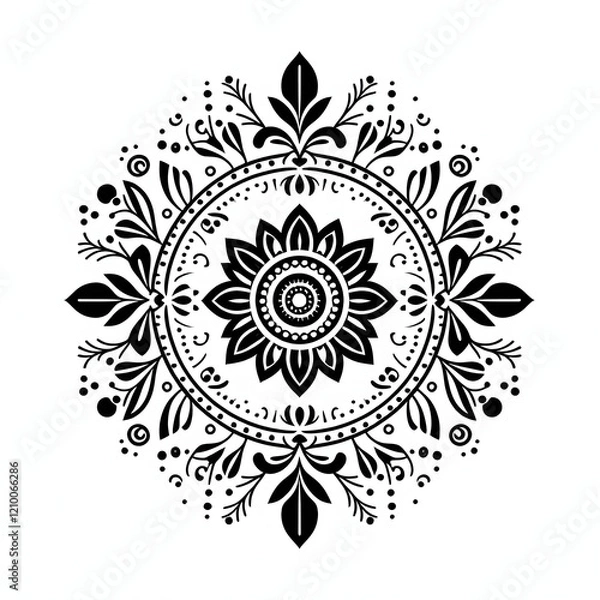 Fototapeta Intricate black and white mandala, floral motif, circular design, symmetrical pattern, botanical elements, ornate details, decorative flourishes, geometric shapes, radial composition, monochrome