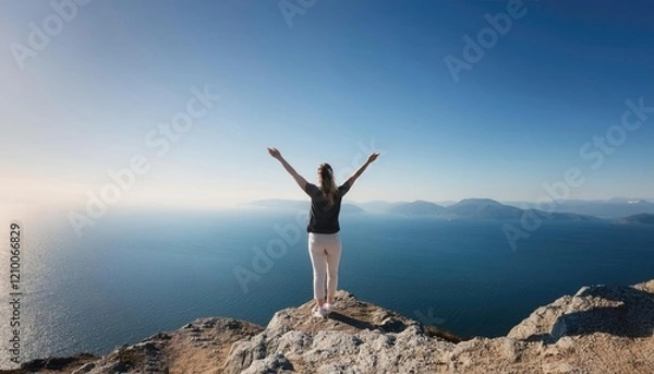 Fototapeta person standing on a mountain top with arms outstretched, symbolizing freedom, limitless potential, and discovery