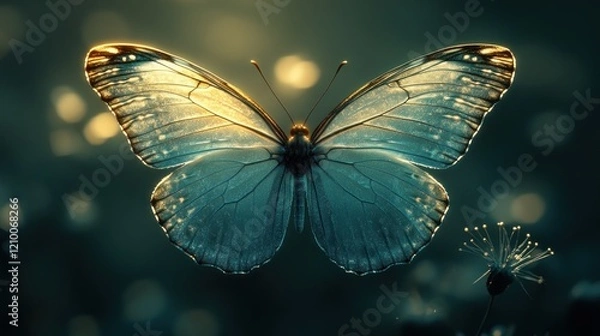 Fototapeta Glowing butterfly wings, forest bokeh, nature, magical, design