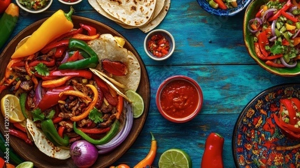 Fototapeta A sizzling fajita platter with colorful peppers and onions, served in a vibrant Tex-Mex style