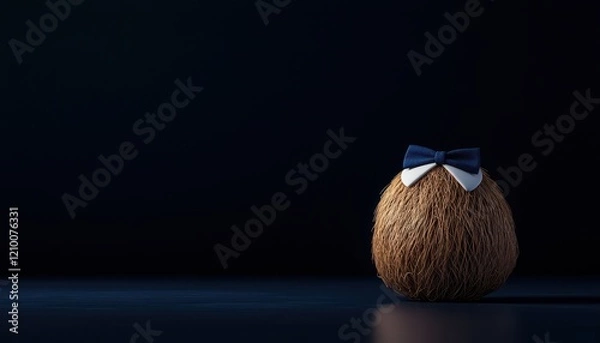 Fototapeta A whimsical coconut character wearing a bow tie against a dark background.