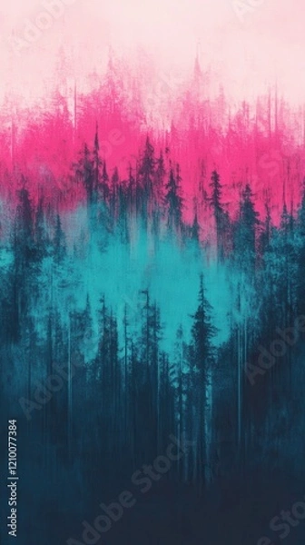 Fototapeta Vibrant minimalist abstract blur depicting vertical trees with pink and teal hues in a serene nature setting