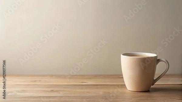 Fototapeta A warm beverage in a speckled mug rests on a rustic wooden surface against a neutral backdrop.