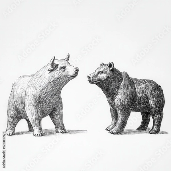Fototapeta Bull and bear figurines represent market dynamics in a creative artistic design