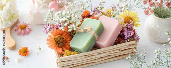 Fototapeta Freshly made soap bars surrounded by colorful flowers in decorative basket create vibrant and inviting atmosphere. Perfect for spa or gift settings