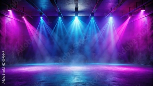 Fototapeta Empty stage with vibrant neon lighting and smoky atmosphere, perfect for showcasing products or creating a futuristic scene.