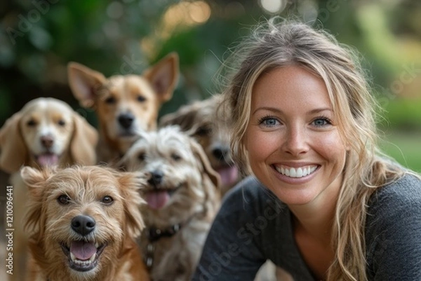 Fototapeta Happy pet sitter and small group of dogs in park. Generative AI