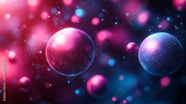 Fototapeta Cosmic Spheres: Abstract, luminous orbs in vibrant shades of pink and blue, suspended in a swirling universe of bokeh lights. Evoking dreams and the mysteries of space. 