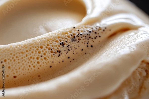 Fototapeta This artistic close-up displays a creamy swirl of vanilla ice cream adorned with black speckles, creating an inviting and visually appealing experience for ice cream lovers.