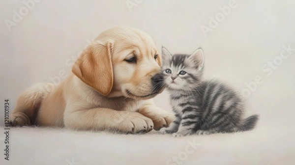Fototapeta Heartwarming moment between golden Labrador puppy and gray and white kitten showcasing friendship