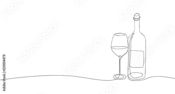 Fototapeta Continuous line one drawing of wine bottle with wineglass. Minimalist linear sketch of alcohol drink in glass and bottle. Vector outline illustration