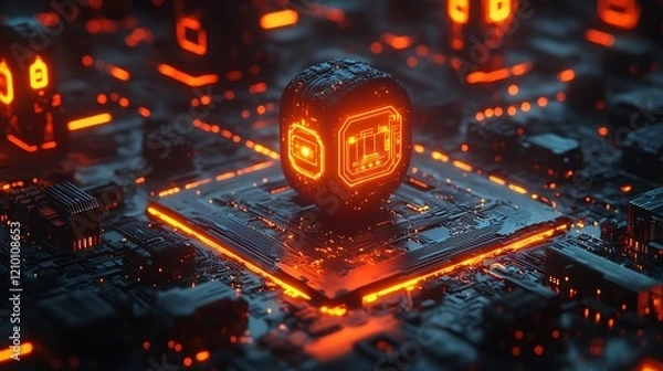 Fototapeta Cyber Cube Core: A glowing, futuristic cube containing data icons rests on a vibrant, illuminated circuit board, representing advanced technology and digital innovation.