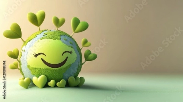 Fototapeta Happy Earth Day: A Smiling Planet Surrounded by Green Hearts and Plants Promoting Environmental Conservation and Sustainability