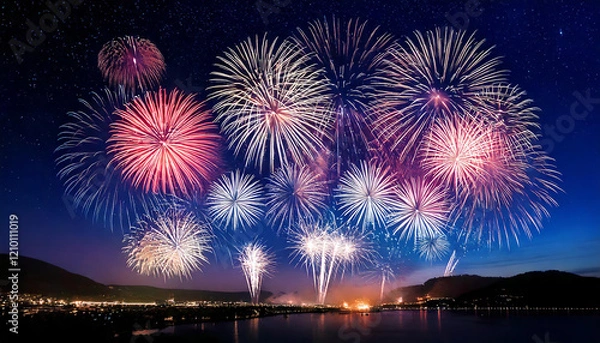Fototapeta Stunning Fireworks Over a Waterfront City in background at night