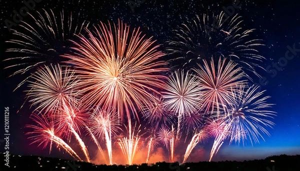 Fototapeta Brilliant Fireworks Display Against a Night Sky with city in background - Tile Pattern Texture