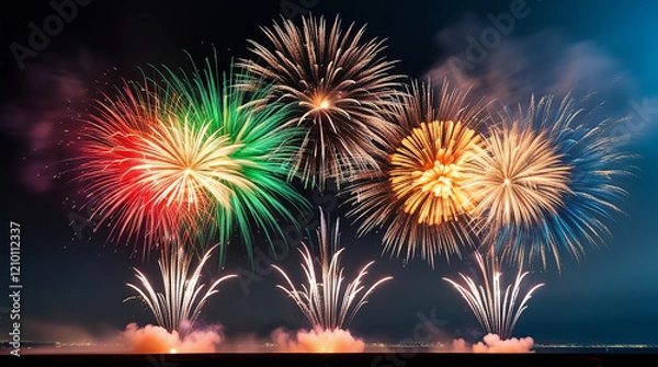 Fototapeta Spectacular Fireworks Show Over a City Skyline texture pattern - with city