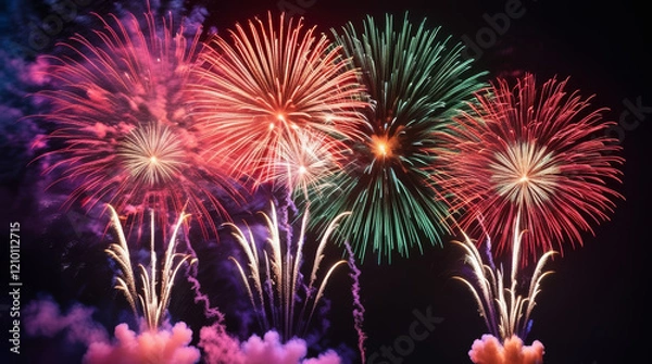 Fototapeta Vibrant Fireworks Display Against a Night Sky Texture Pattern - No City on background, only sky