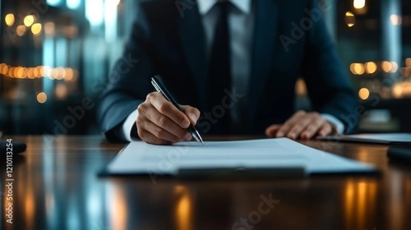 Fototapeta Businessman circling dates on a document with a pen in a modern office setting