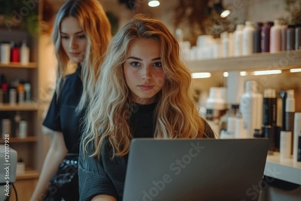 Fototapeta Young hairstylist uses laptop while working in salon and looking at camera. Generative AI