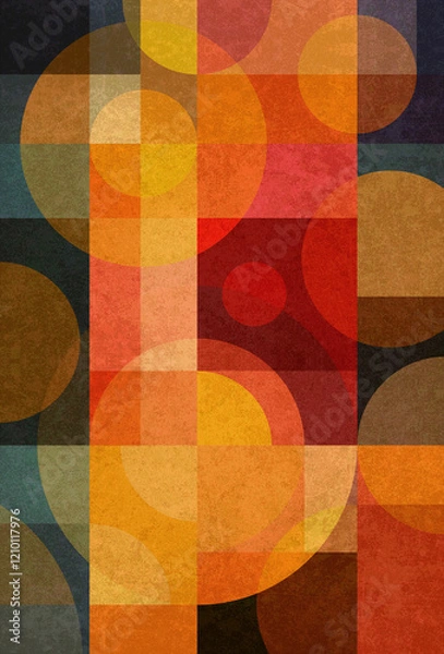 Fototapeta Abstract modern background with colorful rectangles, squares, circles, intersections, overlaps. Worn, vintage book cover surface.