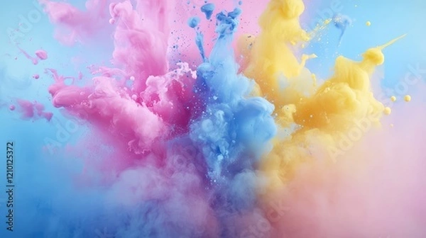 Fototapeta Pastel Explosion of Colorful Smoke and Paint in Soft Pink Blue and Yellow against a Light Blue Background