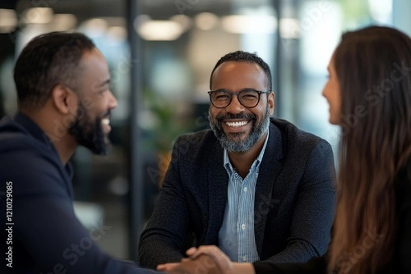 Fototapeta Happy financial advisor communicating with mature couple in the office. Generative AI