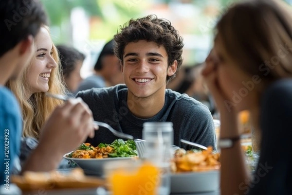 Fototapeta Group of college students learn together during lunch break in cafeteria. Generative AI