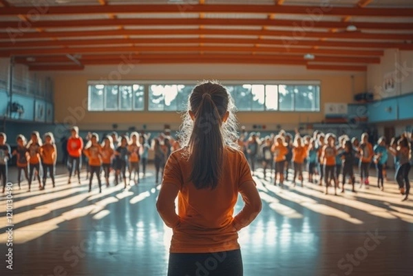 Fototapeta Rear view of coach and her students warming up during physical education at elementary school gym. Generative AI