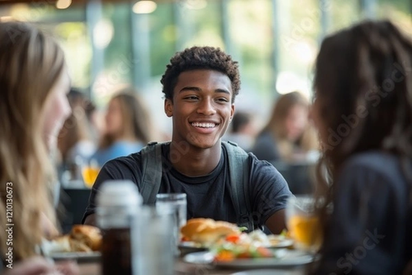 Fototapeta Group of college students learn together during lunch break in cafeteria. Generative AI