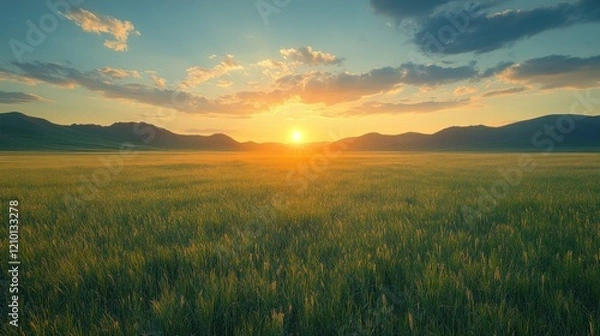 Obraz Golden sunset over a vast field of green grass with distant mountains under a cloudy sky
