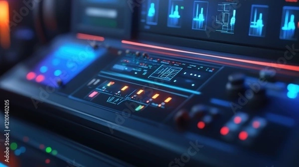 Fototapeta Complex futuristic control panel featuring vibrant blue and orange illuminated charts, graphs, and data visualizations in a dark technological environment