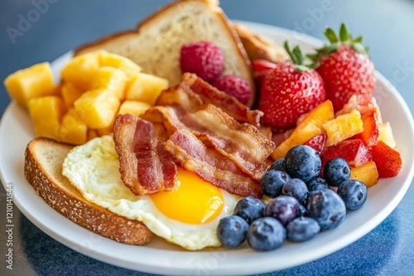 Fototapeta A plate of fluffy scrambled eggs served with crispy bacon, buttered toast, and a side of fresh fruit