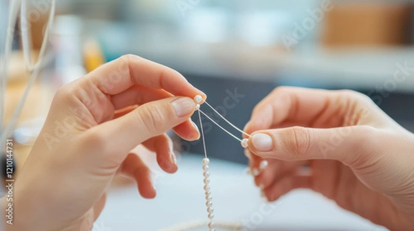 Fototapeta Delicate hands threading pearls onto string, showcasing craftsmanship and focus