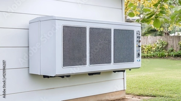 Fototapeta Outdoor heat pump unit installed on white siding, backyard view