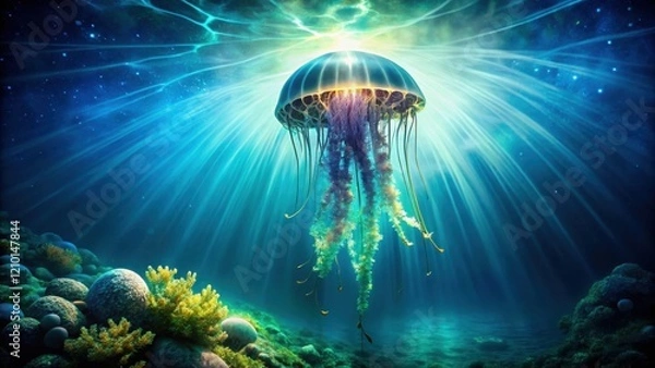 Fototapeta Mesmerizing Bioluminescent Jellyfish Illuminated by Underwater Sunlight Beams in a Serene Ocean Habitat