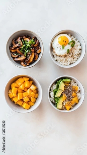 Fototapeta Three small bowls of quinoa, oatmeal, and rice arranged with geometric precision